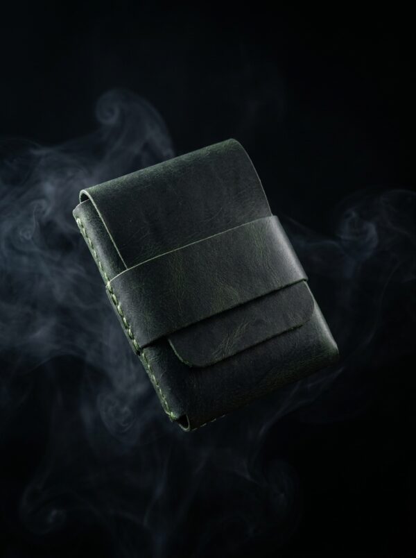Handstiched Olive Green Leather Wallet – Minimal Flap Card Holder, Hand-Stitched Waxed Pull-Up Cow Leather Wallet for Men