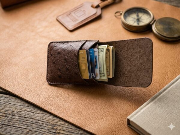 Ostrich Textured Hand-Stitched Leather Bi-Fold Wallet