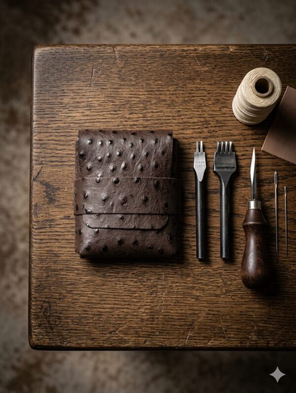 Ostrich Textured Hand-Stitched Leather Bi-Fold Wallet
