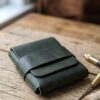 Handstiched Olive Green Leather Wallet – Minimal Flap Card Holder, Hand-Stitched Waxed Pull-Up Cow Leather Wallet for Men