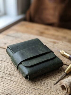 Handstiched Olive Green Leather Wallet – Minimal Flap Card Holder, Hand-Stitched Waxed Pull-Up Cow Leather Wallet for Men