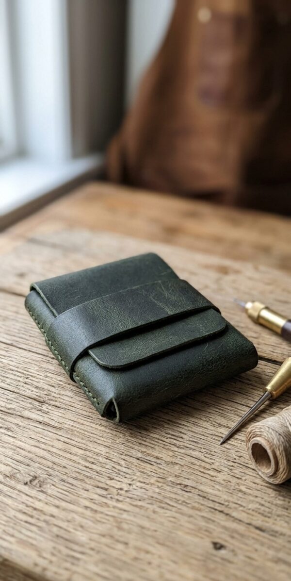 Handstiched Olive Green Leather Wallet – Minimal Flap Card Holder, Hand-Stitched Waxed Pull-Up Cow Leather Wallet for Men