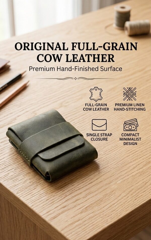 Handstiched Olive Green Leather Wallet – Minimal Flap Card Holder, Hand-Stitched Waxed Pull-Up Cow Leather Wallet for Men