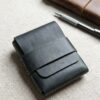 Handstiched Olive Green Leather Wallet – Minimal Flap Card Holder, Hand-Stitched Waxed Pull-Up Cow Leather Wallet for Men