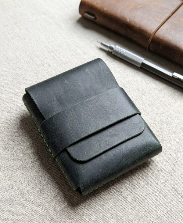 Handstiched Olive Green Leather Wallet – Minimal Flap Card Holder, Hand-Stitched Waxed Pull-Up Cow Leather Wallet for Men